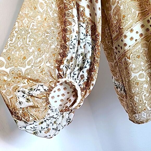 Entro Gold & Beige Floral Patchwork Blouse, Long Lantern Sleeves, Size XL - Picture 4 of 9